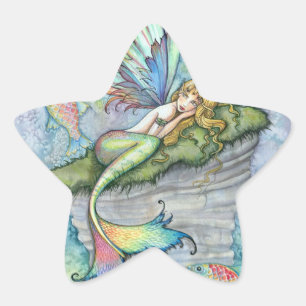 Sticker Étoile Sirène Colorée et Poisson Carpe Fantastique Art