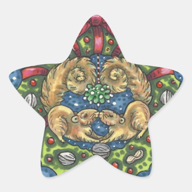 STICKER ÉTOILE SQUIRRELS DE BATTERIE SOUS MISTLETOE, VARIE NUT (Devant)