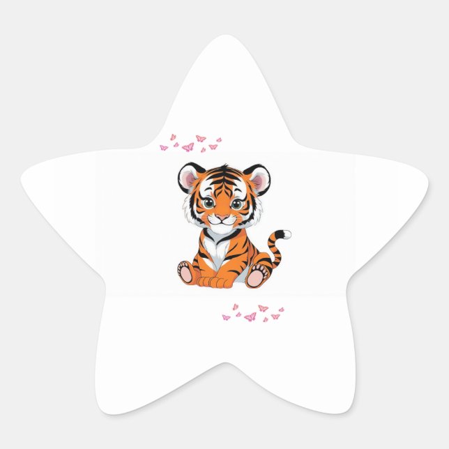 Sticker Étoile Sticker🐯Baby Tiger Art with Pink Butterflies - (Devant)