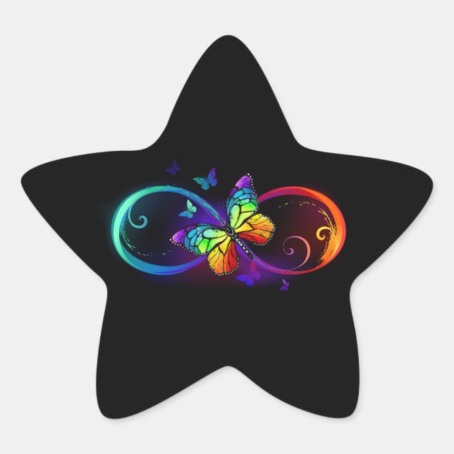 Sticker Étoile Vibrant infinity with rainbow butterfly on black (Devant)