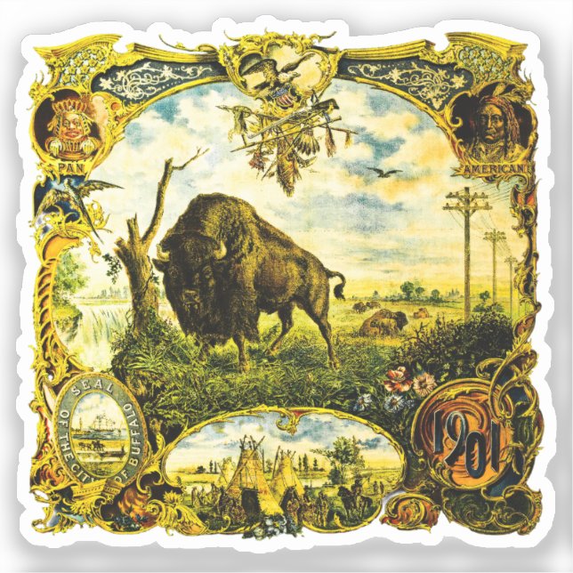Sticker Exposition Pan Am avec motifs bisons et amérindien (Recto)