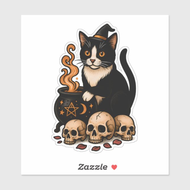 Sticker Familier de sorcière – Chat smoking et chaudron (Feuille)