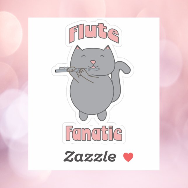 Sticker Fanatique de la flûte Chat Gris Rose (A sticker featuring a gray cat playing the flute and the words flute fanatic.)