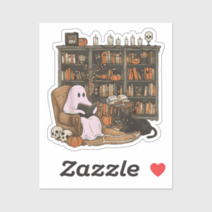 Sticker Fantôme lisant un livre amateur de chat Halloween 