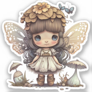 Sticker Fée mignonne avec champignons et papillons