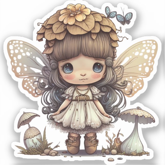 Sticker Fée mignonne avec champignons et papillons (Recto)