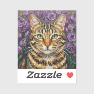 Sticker Félin et Floral Chat tigré gris mignon artistiqu