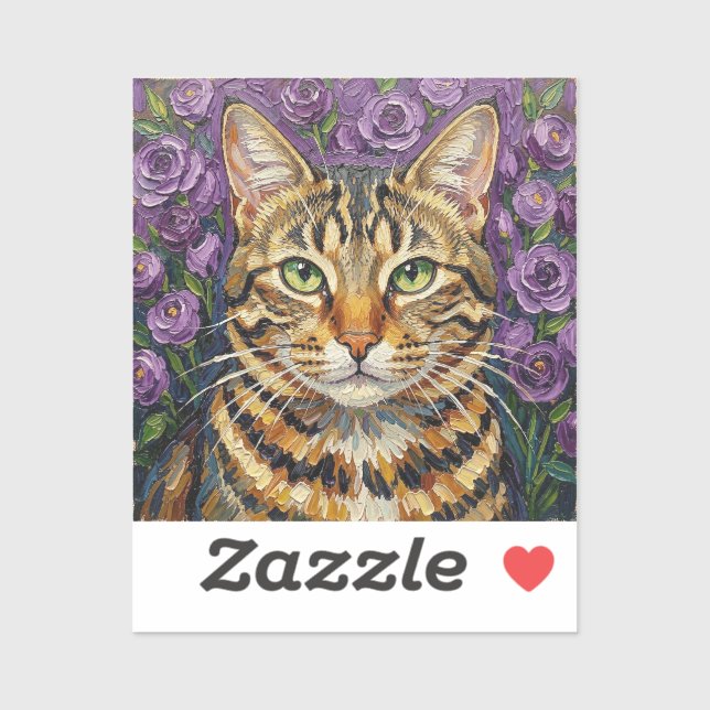 Sticker Feline and Floral | Cute Artistic Gray Tabby Cat (Feuille)