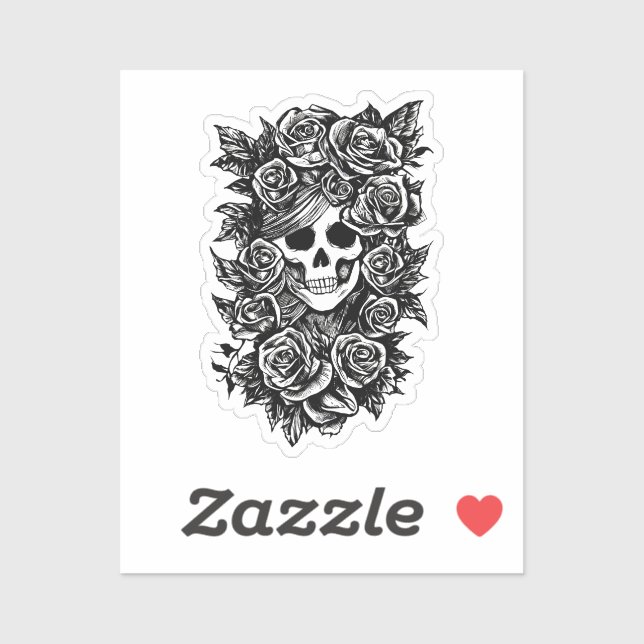 Sticker Female Skull Roses Goth Original ink drawing Art  (Feuille)