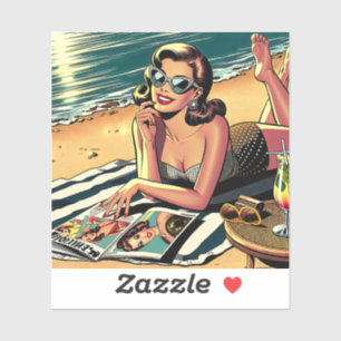 Sticker Femme Rétro sur la Plage lisant un Magazine de Mod