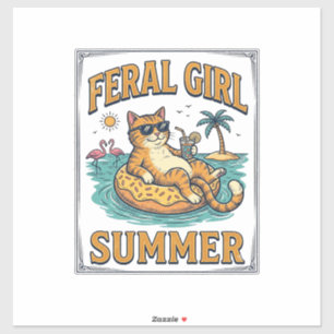 Sticker Feral Girl Summer Cat Float Vintage Shirt Design_1