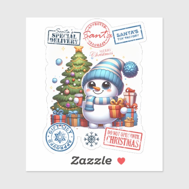 Sticker Festive Snowman With Gifts Near a Christmas Tree (Feuille)