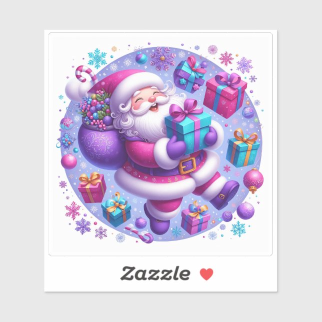 Sticker Festive Violet Noël Joie avec Père Noël et cadeaux (Feuille)