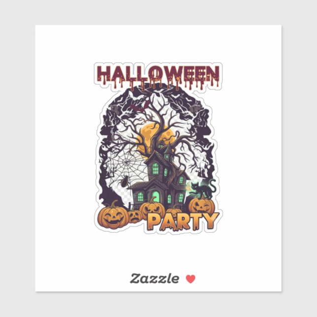 Sticker Fête d'Halloween Maison Hantée Arbre Citrouilles N (Feuille)