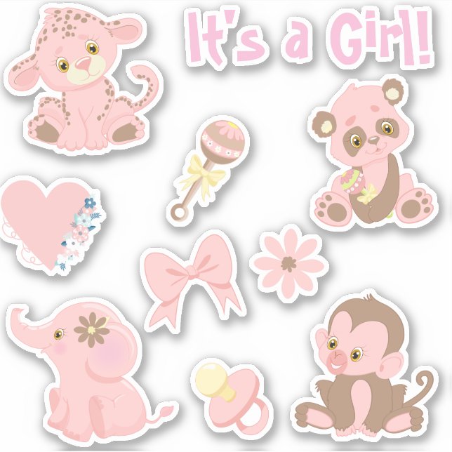 Sticker Fête Prénatale Bébé Fille Animaux Rose Set (Devant)