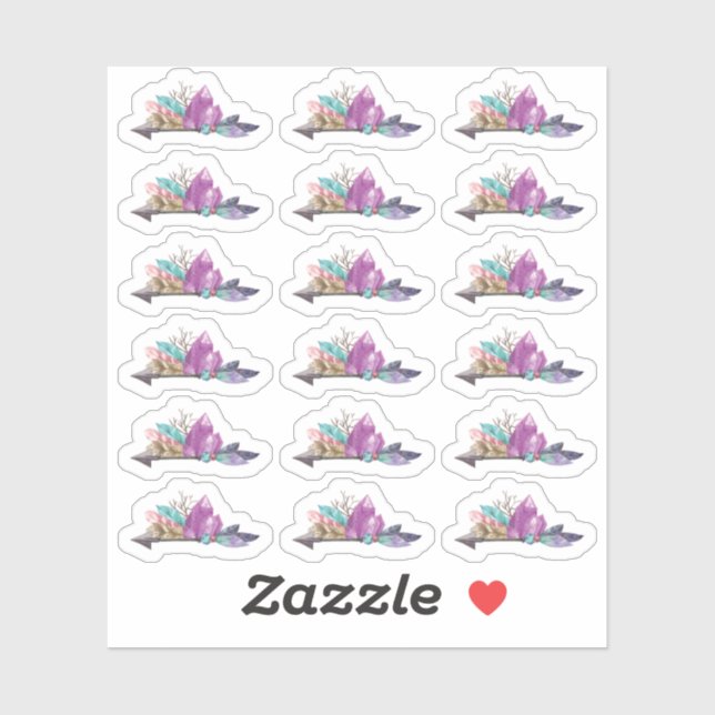 Sticker Feuille aquarelle Cristaux et flèches Bohème rusti (Feuille)