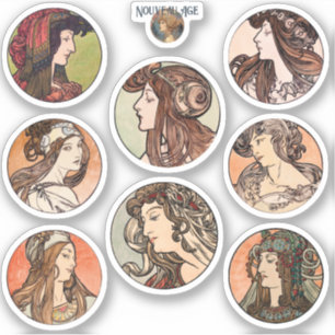 Sticker Feuille d'autocollant Mucha Women Portraits