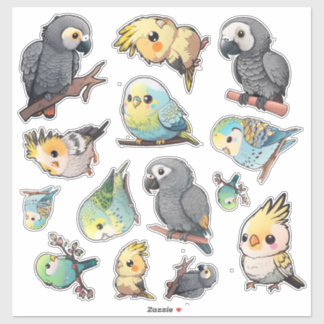 Sticker Feuille d'autocollants African Grey, Cockatiel et