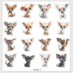 Sticker Feuille d'autocollants Chihuahua 16 Chiens Cartoon