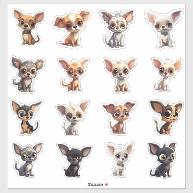 Sticker Feuille d'autocollants Chihuahua 16 Chiens Cartoon (Feuille)