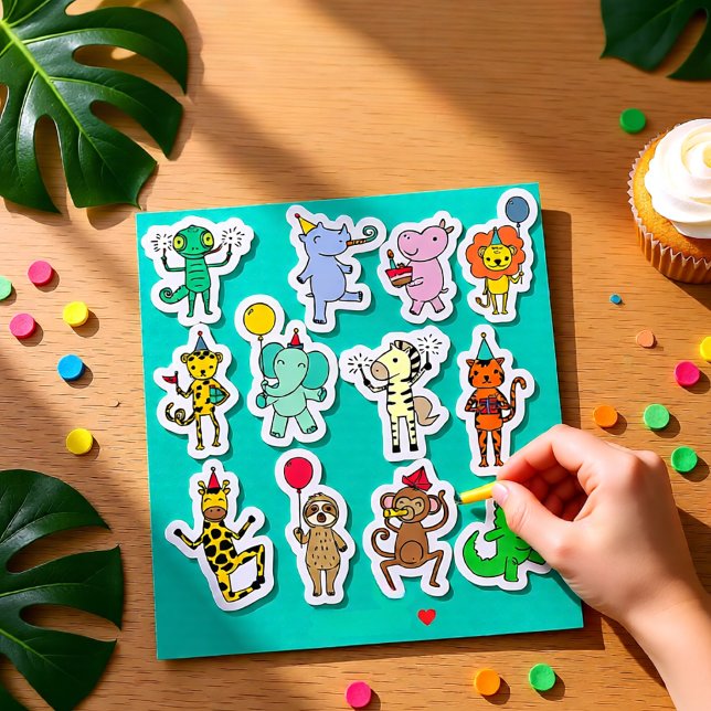 Sticker Feuille d'autocollants d'anniversaire Animaux de l (Cute Jungle Party Animals Birthday Celebration Sticker)