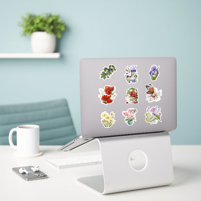 Sticker Feuille d'autocollants de fleurs et de baies botan (Ordinateur portable sur le bureau)