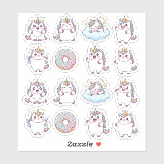 Sticker Feuille d'autocollants Kawaii Chubby Unicorn & Don (Feuille)
