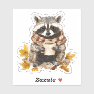Sticker Feuilles d'automne confortable raccoon avec tasse