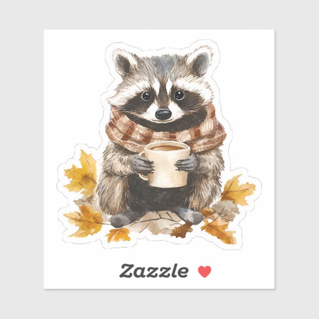 Sticker Feuilles d'automne confortable raccoon avec tasse  (Feuille)