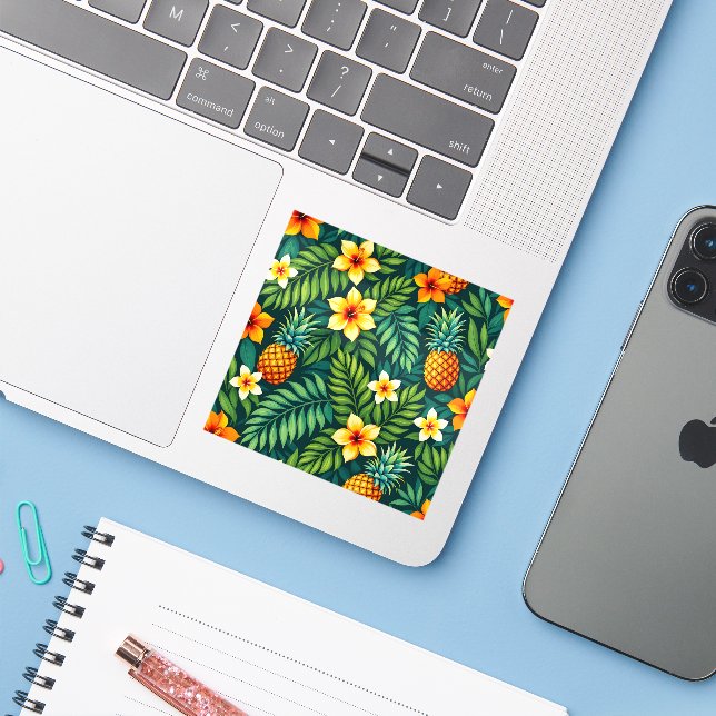 Sticker Feuilles tropicales et motif ananas (Ordinateur portable avec iPhone)