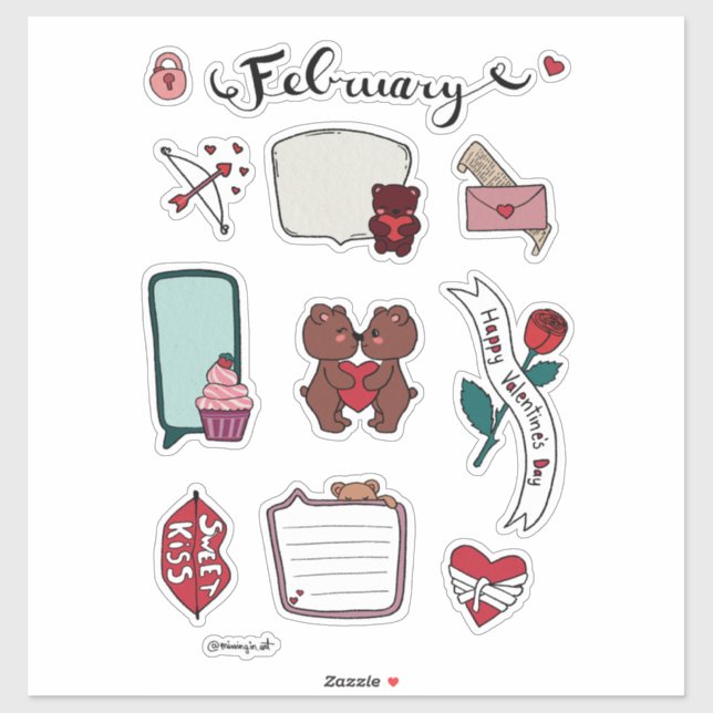 Sticker Février Planche d'autocollants – Oursons mignons & (Feuille)