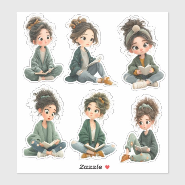 Sticker Fiche d'autocollants de fille Chibi en lecture (Feuille)