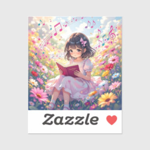 Sticker Fille Anime avec Livre et Notes de Musique