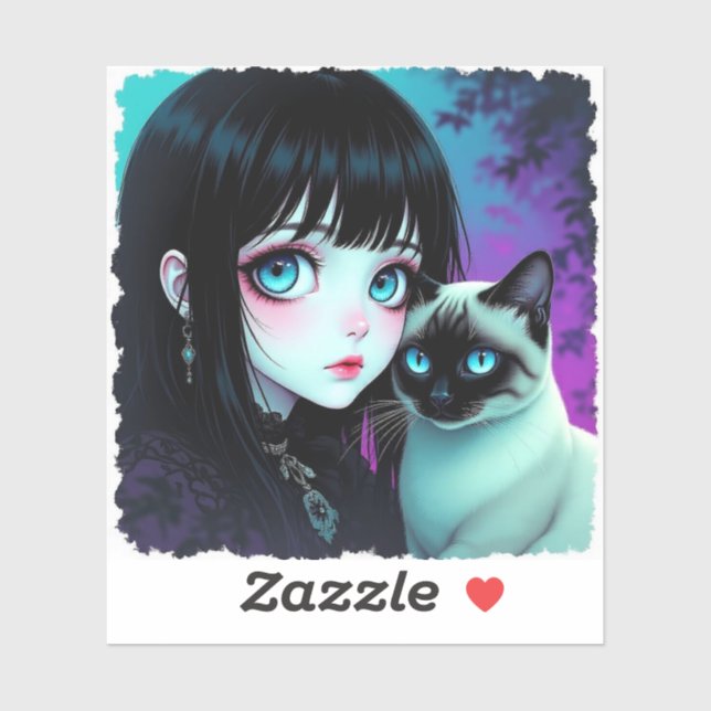Sticker Fille Anime et Chat Siamois (Feuille)