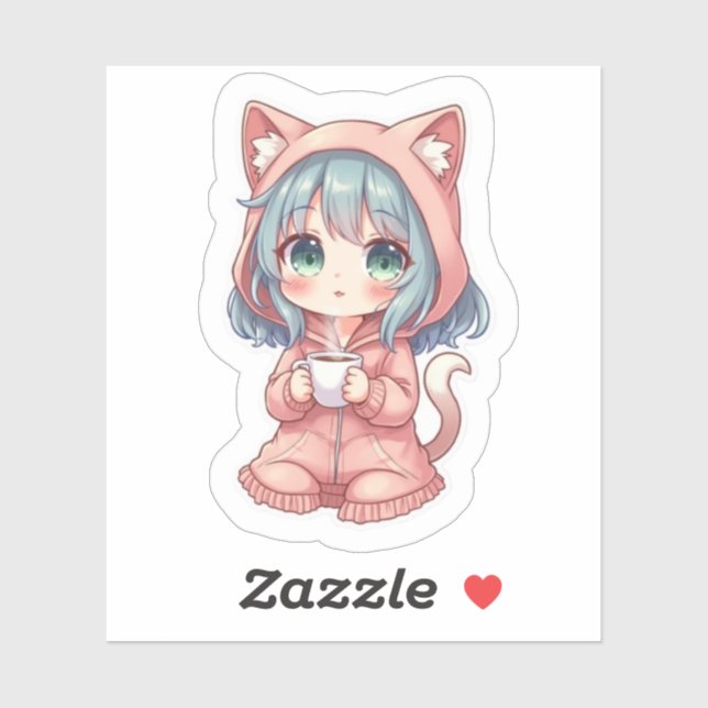 Sticker Fille Anime Kawaii Cozy avec Sweat à Capuche Chat  (Feuille)