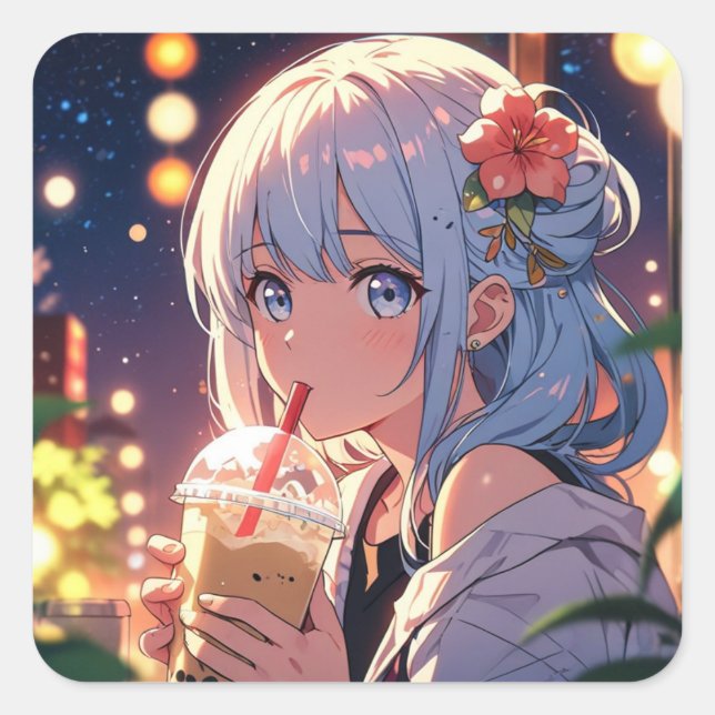 Sticker fille Anime mignonne - Boba Tea Lover (Devant)