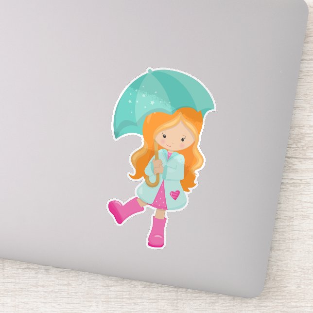 Sticker Fille Avec Parapluie, Fille En Manteau De Pluie, C (Détail)