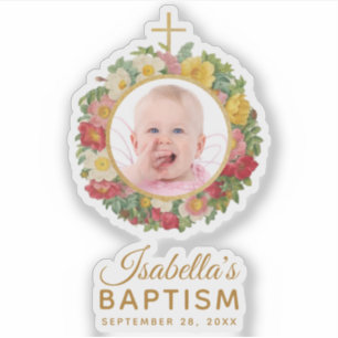 Sticker Fille Baptême Bébé Photo Rose Wreath Cross Script