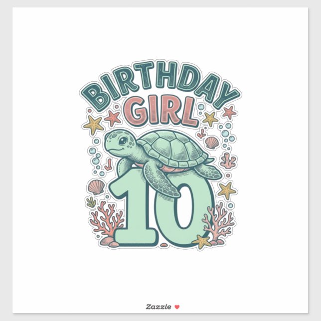 Sticker Fille d'anniversaire 10 Tortue de mer Gravure vint (Feuille)