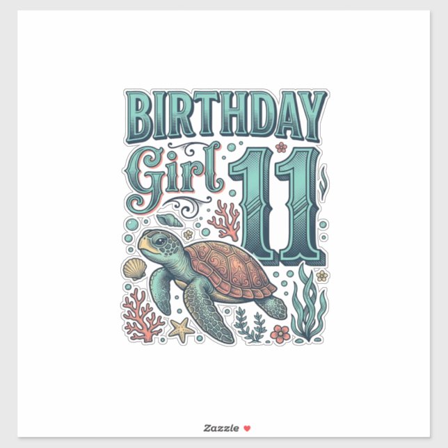 Sticker Fille d'anniversaire 11 Tortue de mer Gravure vint (Feuille)