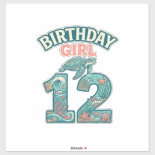 Sticker Fille d'anniversaire 12 Tortue de mer Océan Vintag