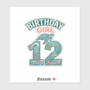 Sticker Fille d'anniversaire 12 Tortue de mer Océan Vintag