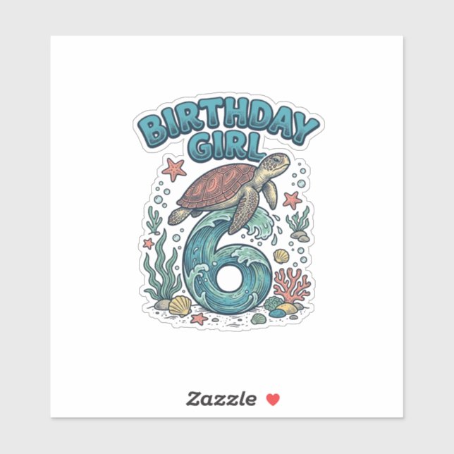 Sticker Fille d'anniversaire 6 Tortue de mer Conception de (Feuille)