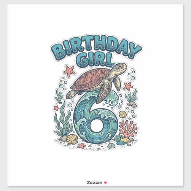 Sticker Fille d'anniversaire 6 Tortue de mer Conception de (Feuille)