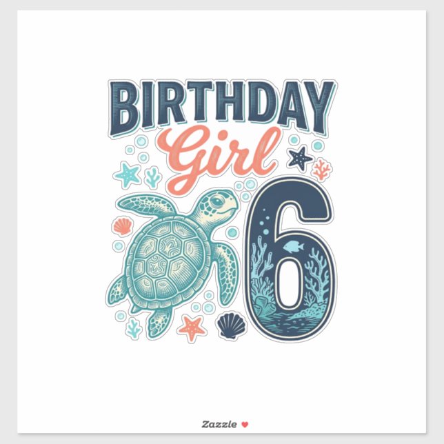 Sticker Fille d'anniversaire 6 Tortue de mer Conception ve (Feuille)