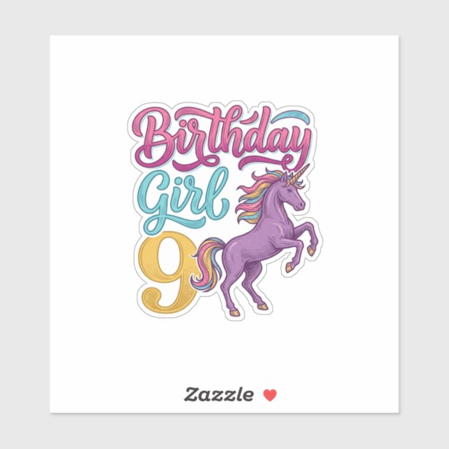 Sticker Fille d'anniversaire 9 Licorne Dessin de gravure v (Feuille)