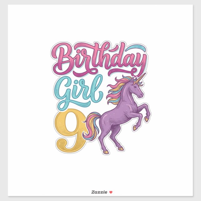 Sticker Fille d'anniversaire 9 Licorne Dessin de gravure v (Feuille)