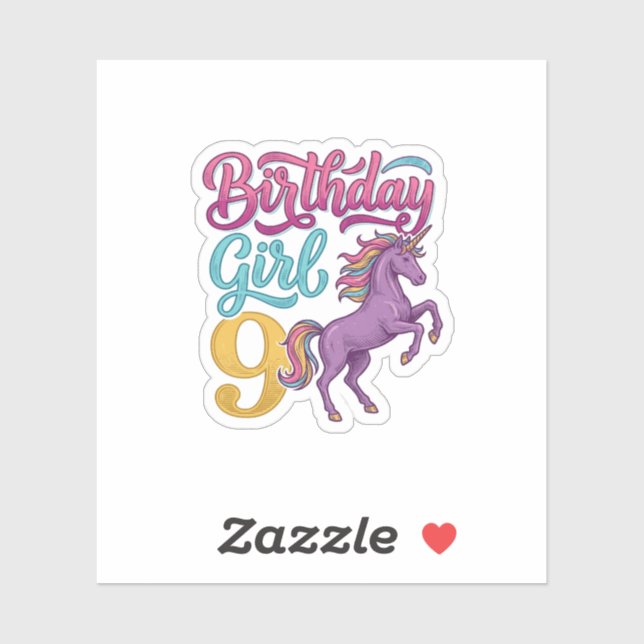 Sticker Fille d'anniversaire 9 Licorne Dessin de gravure v (Feuille)
