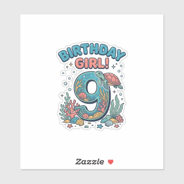 Sticker Fille d'anniversaire 9 Tortue de mer Conception ve (Feuille)