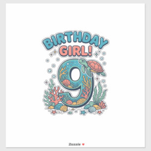 Sticker Fille d'anniversaire 9 Tortue de mer Conception ve